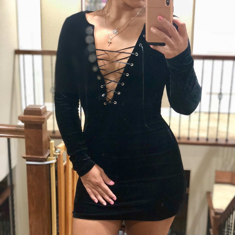 Black Velvet lace up mini dress - Picture 2 of 8